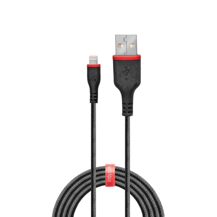 Imagine Cablu de date + incarcare USB la iPhone Lightning rezistent 2m Negru, Lindy L31292